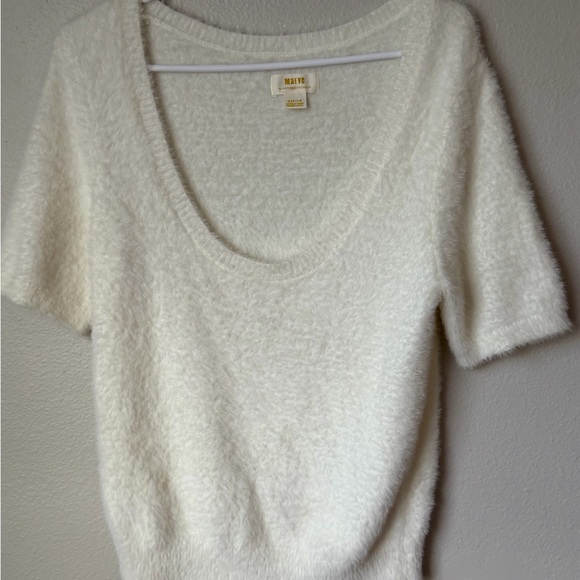 Anthropologie Cream Scoop Neck Eyelash Short Sleeve Sweater Women’s M Minimalist - Picture 3 of 6